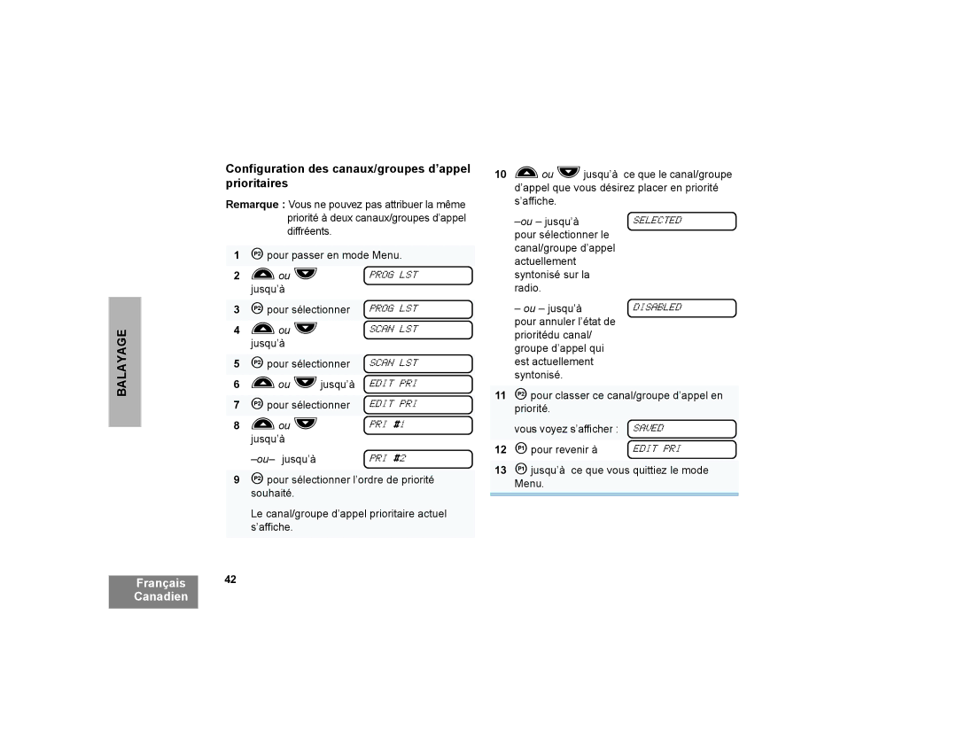 Motorola CP200XLS manual Configuration des canaux/groupes d’appel prioritaires, Jusqu’à Ou- jusqu’à PRI #2 