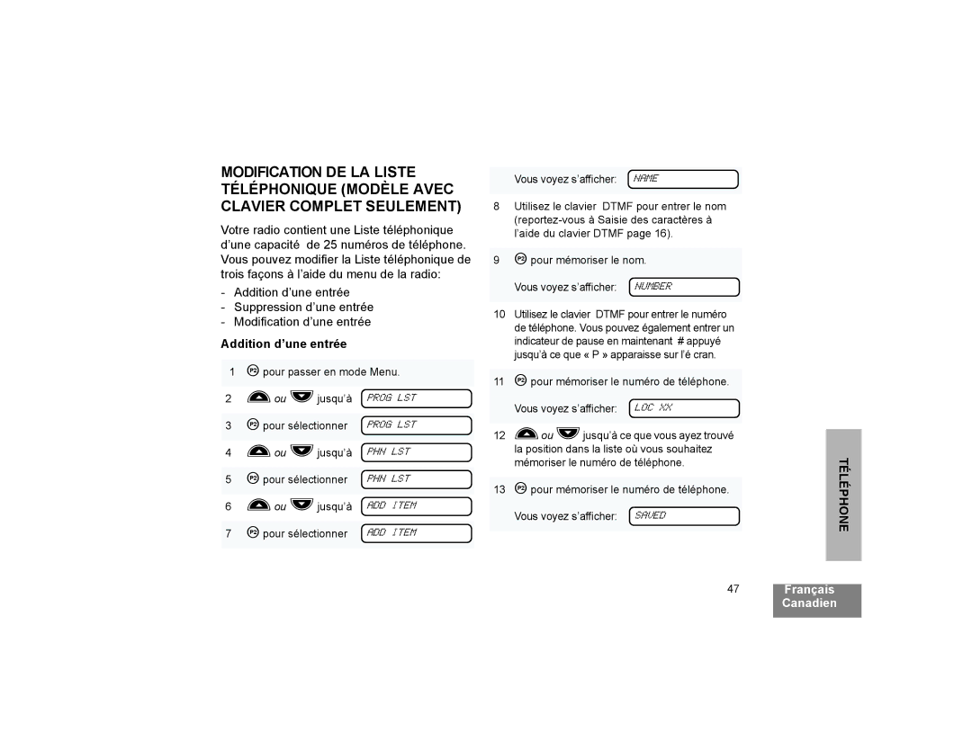 Motorola CP200XLS manual Addition d’une entrée 