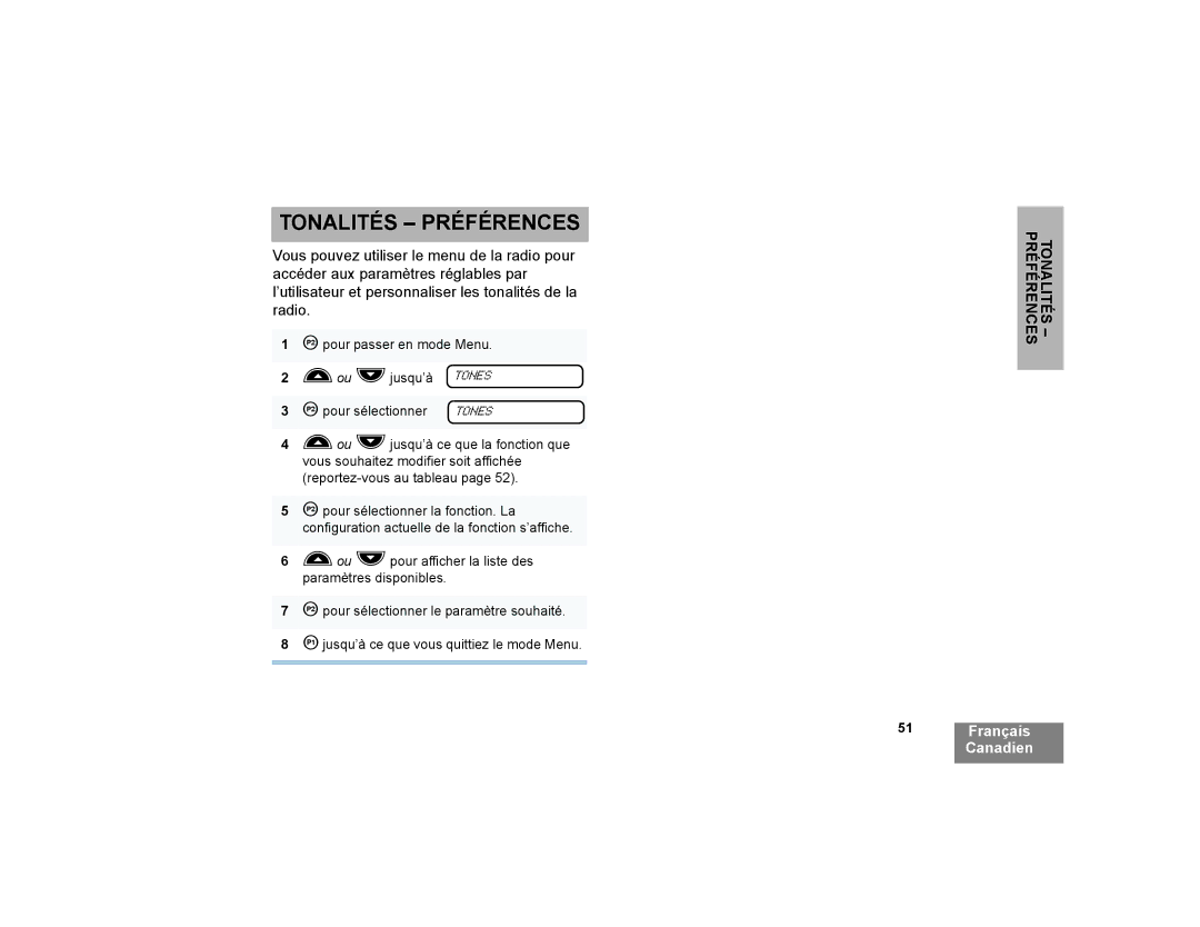 Motorola CP200XLS manual Tonalités Préférences 