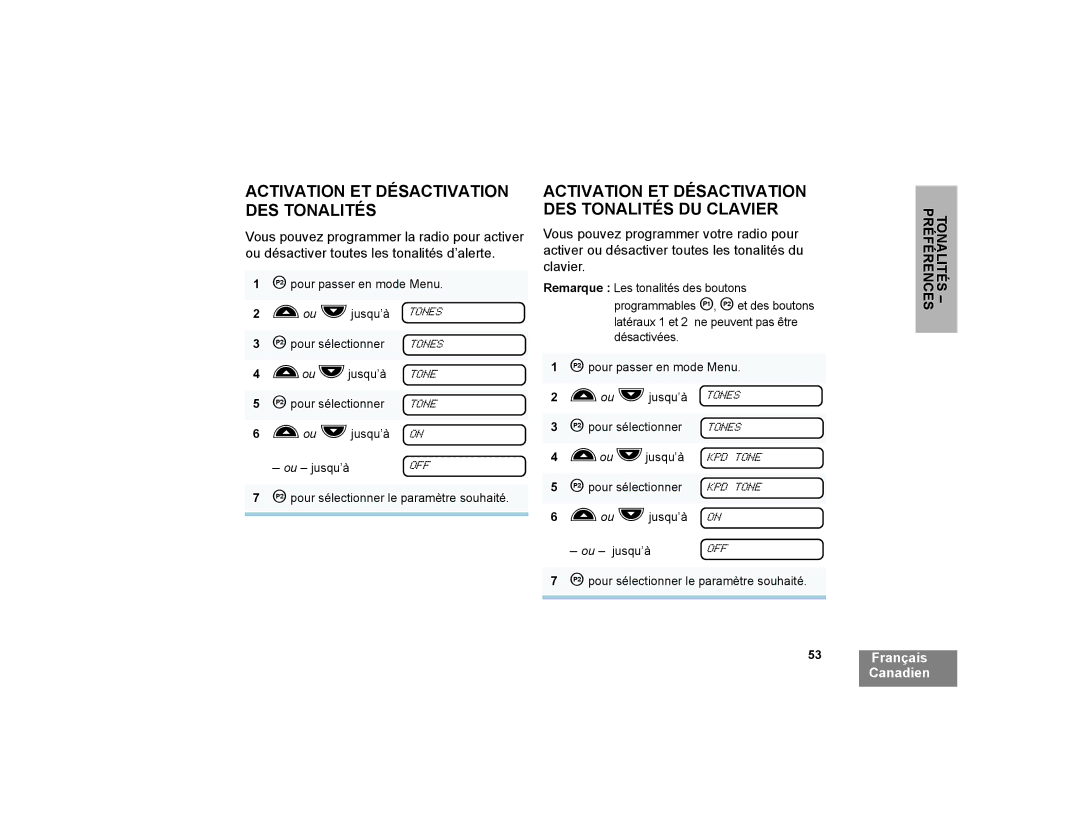 Motorola CP200XLS manual Activation ET Désactivation DES Tonalités DU Clavier 