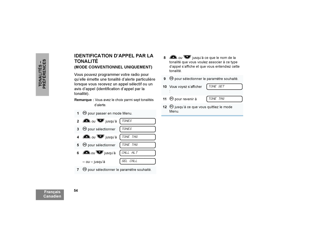 Motorola CP200XLS manual Identification D’APPEL PAR LA Tonalité, Mode Conventionnel Uniquement 