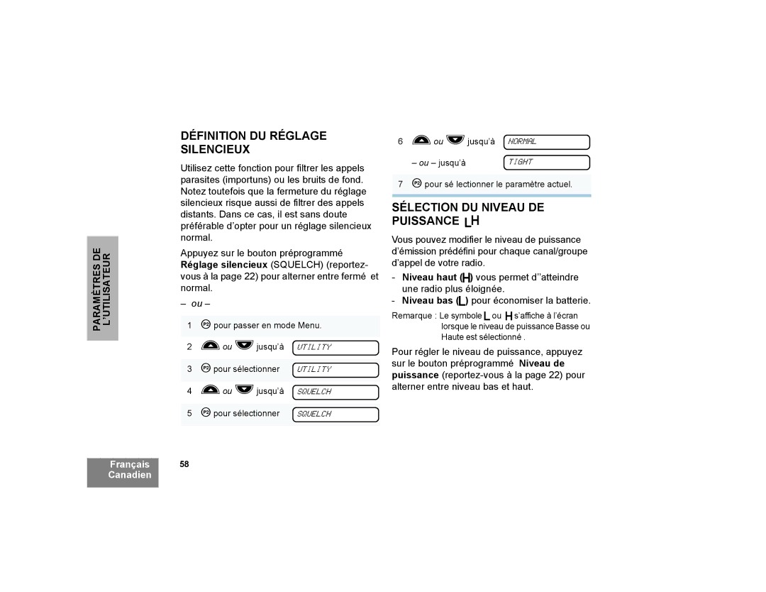 Motorola CP200XLS manual Définition DU Réglage Silencieux, Sélection DU Niveau DE Puissance B 