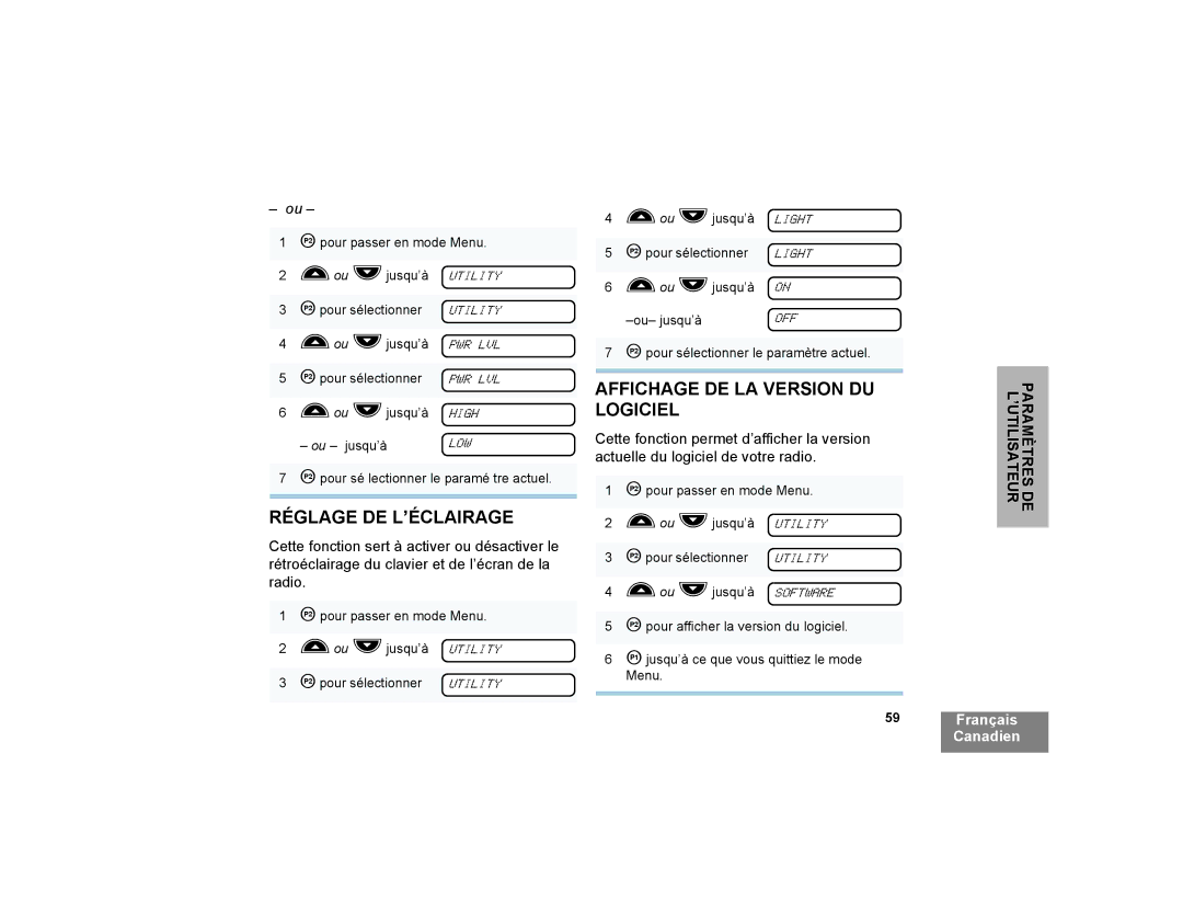 Motorola CP200XLS manual Réglage DE L’ÉCLAIRAGE, Affichage DE LA Version DU Logiciel 