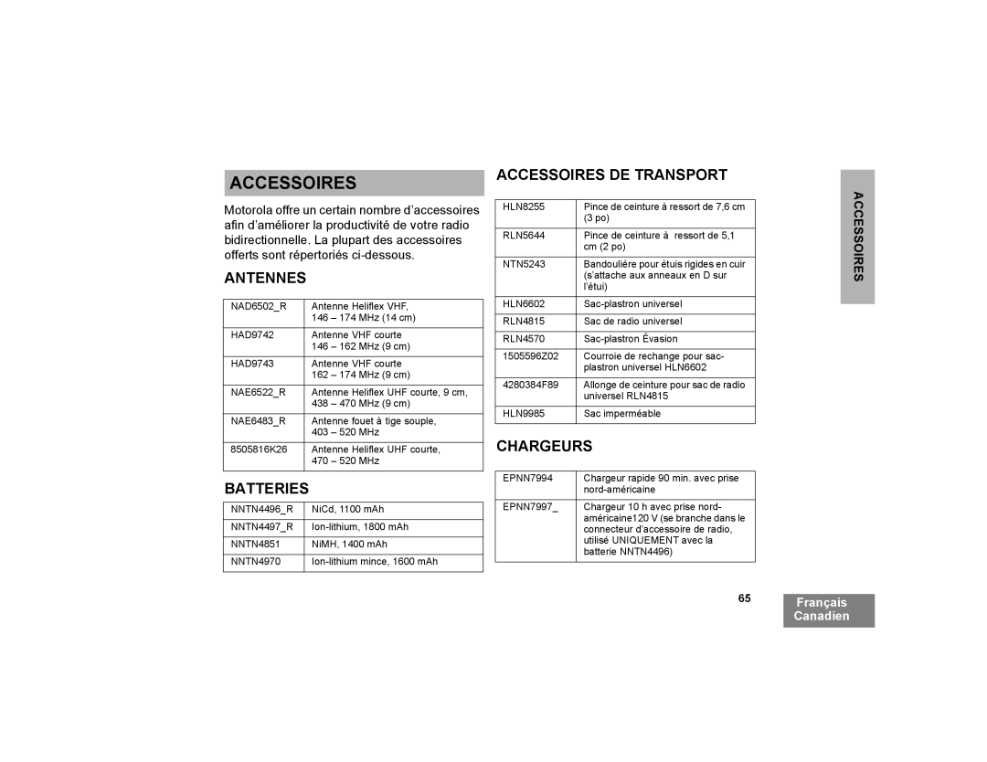 Motorola CP200XLS manual Antennes, Accessoires DE Transport, Chargeurs 