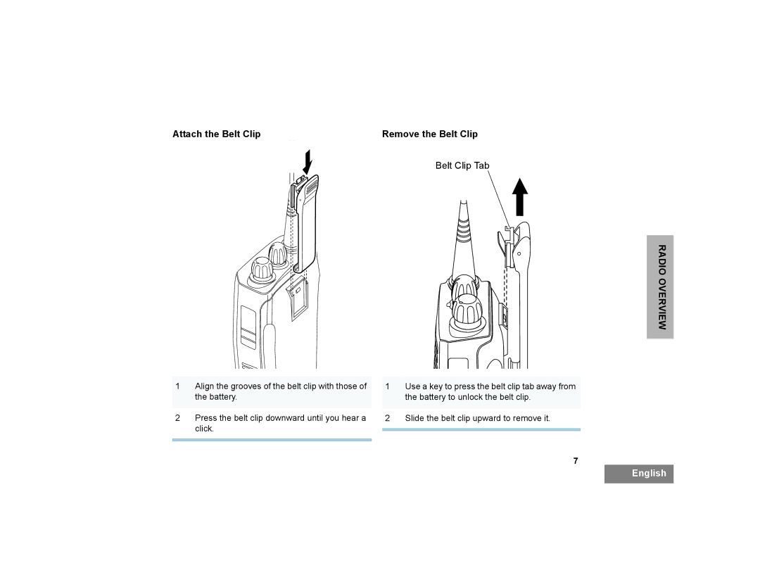 Motorola CP200XLS manual Attach the Belt Clip, Belt Clip Tab 