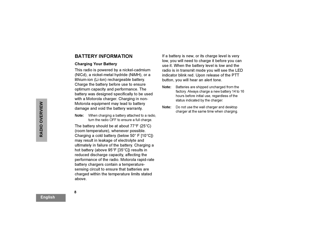 Motorola CP200XLS manual Battery Information, Charging Your Battery 