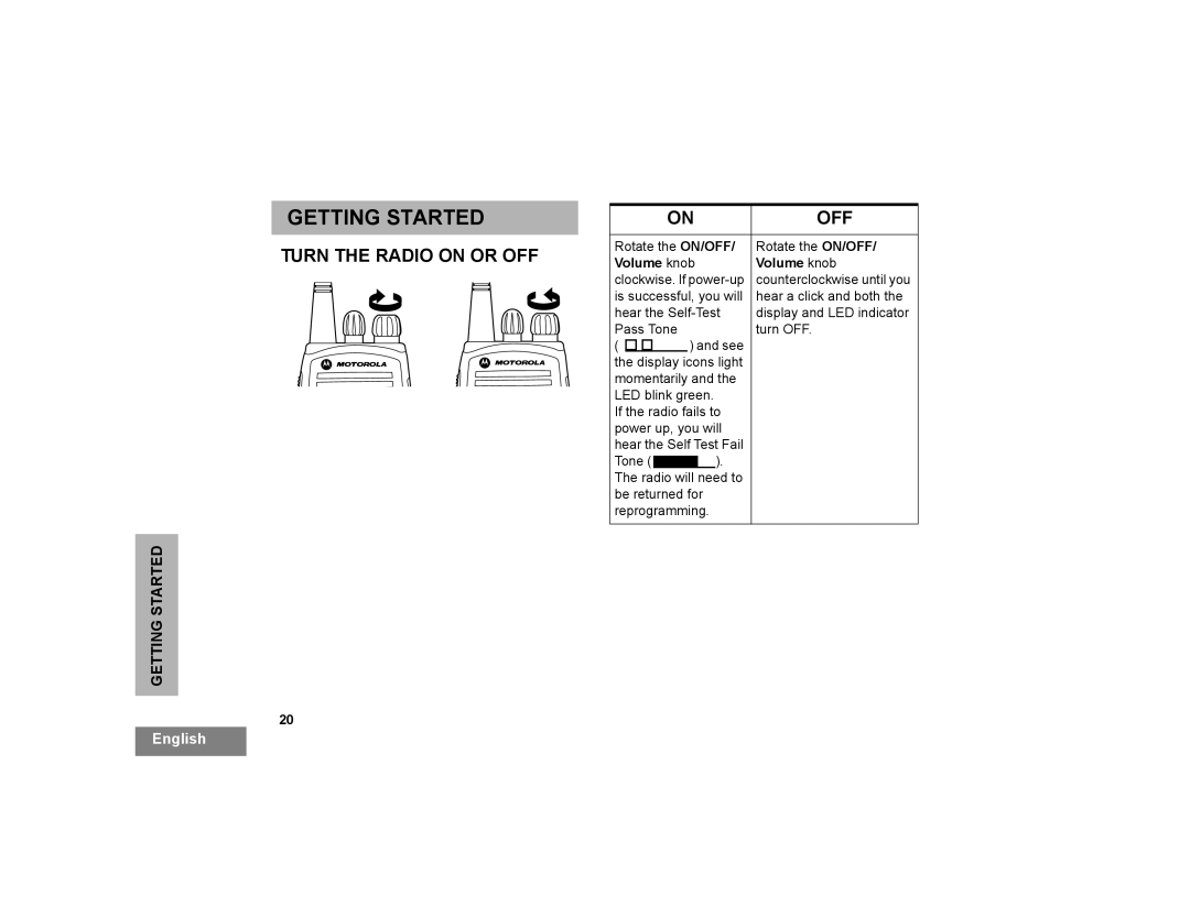 Motorola CP200XLS manual Getting Started, Turn the Radio on or OFF, Off 