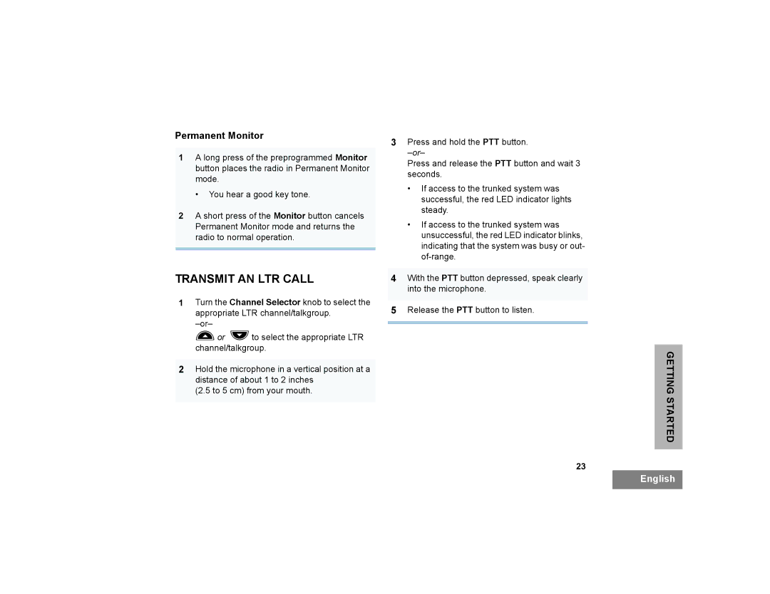 Motorola CP200XLS manual Transmit AN LTR Call, Permanent Monitor 