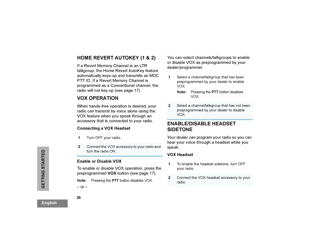 Motorola CP200XLS manual Home Revert Autokey 1, VOX Operation, ENABLE/DISABLE Headset Sidetone 