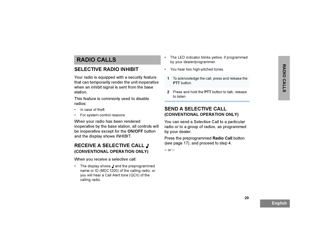 Motorola CP200XLS manual Radio Calls, Selective Radio Inhibit, Receive a Selective Call F, Send a Selective Call 