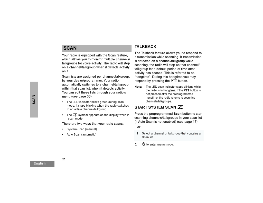 Motorola CP200XLS manual Talkback, Start System Scan G, There are two ways that your radio scans 