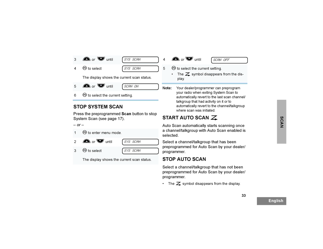 Motorola CP200XLS manual Stop System Scan, Start Auto Scan G, Stop Auto Scan 