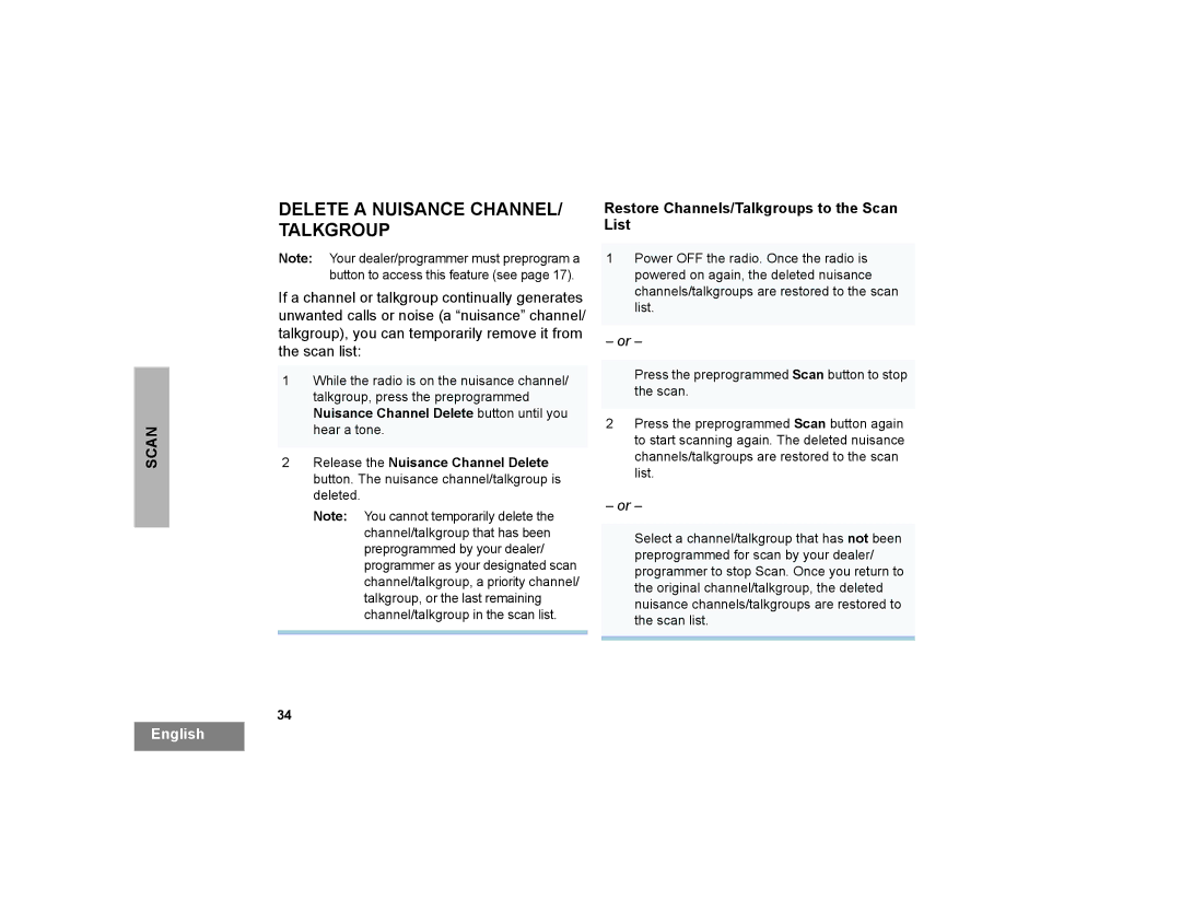 Motorola CP200XLS manual Delete a Nuisance CHANNEL/ Talkgroup, Restore Channels/Talkgroups to the Scan List 