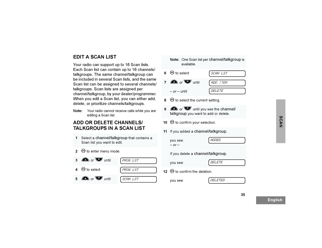 Motorola CP200XLS Edit a Scan List, ADD or Delete CHANNELS/ Talkgroups in a Scan List, If you added a channel/talkgroup 