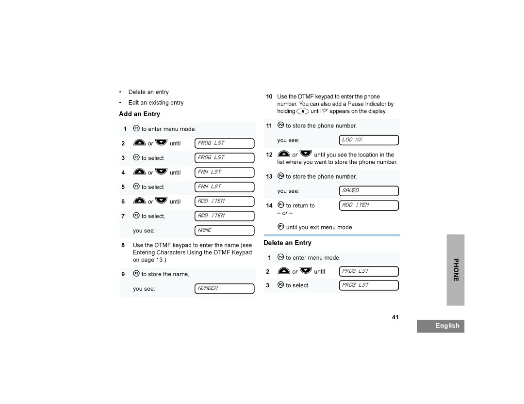 Motorola CP200XLS manual Add an Entry, Delete an Entry 