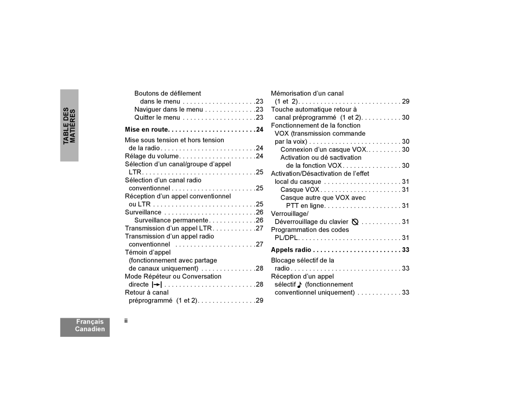 Motorola CP200XLS manual Matiéres, Boutons de défilement, Mise en route, Mise sous tension et hors tension, Appels radio 