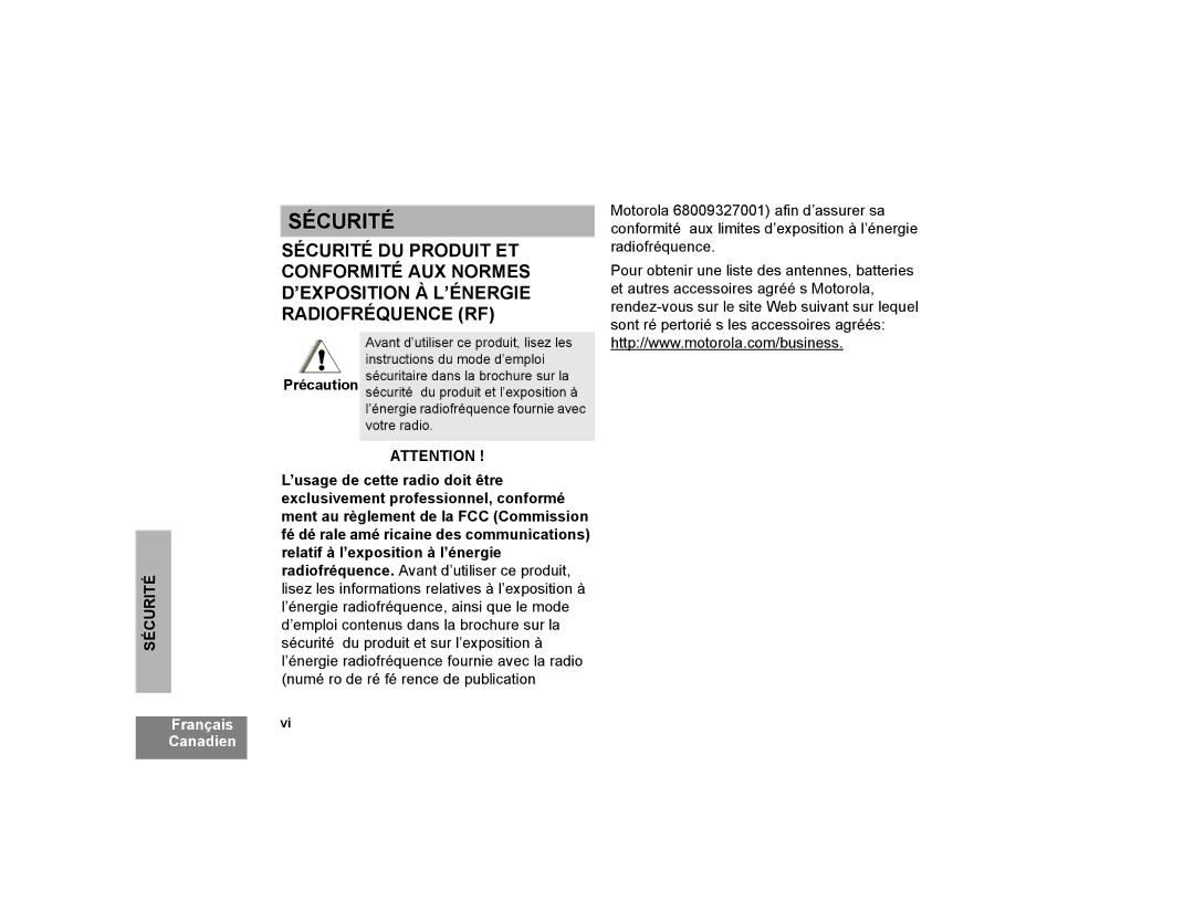 Motorola CP200XLS manual Sécurité, Précaution 