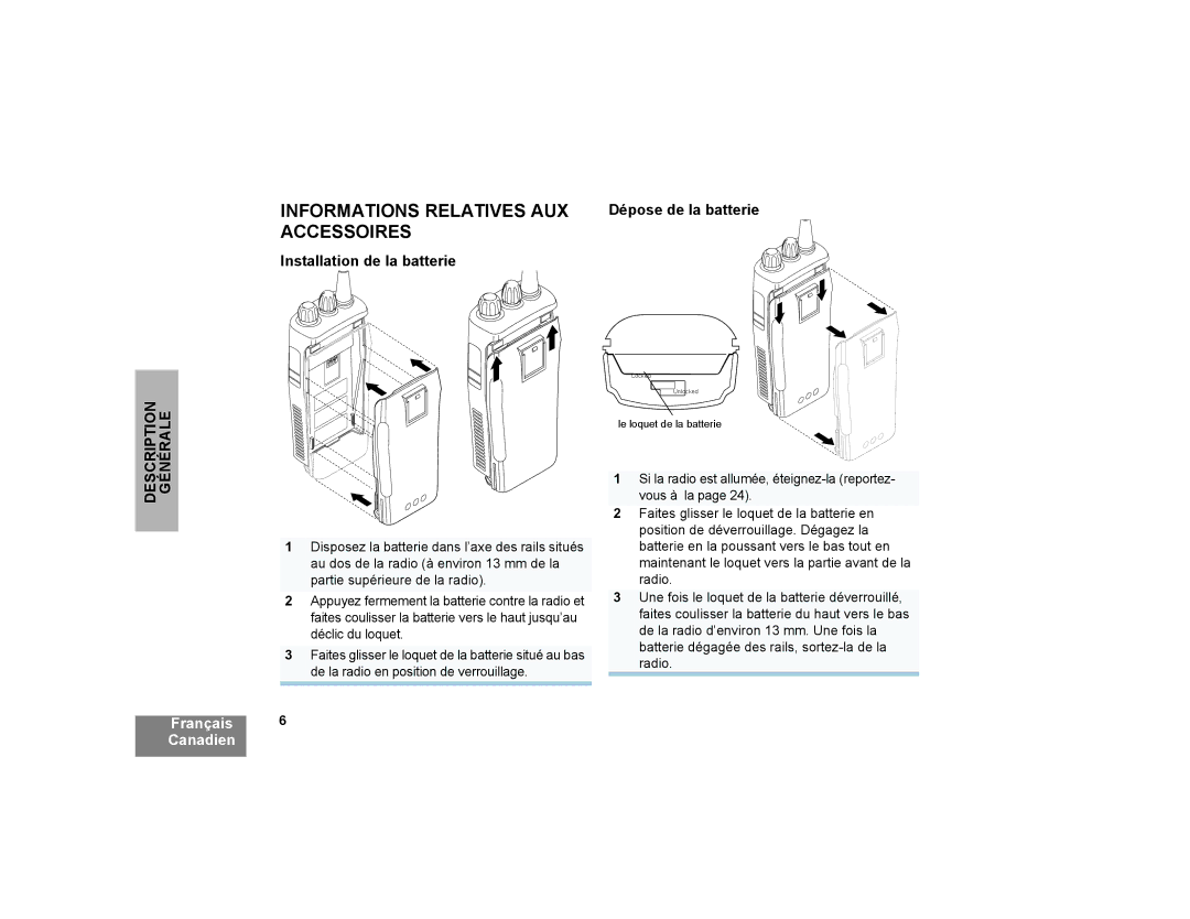 Motorola CP200XLS manual Informations Relatives AUX, Accessoires, Installation de la batterie 