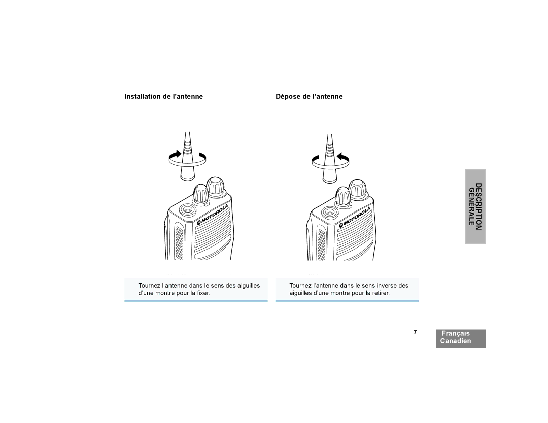 Motorola CP200XLS manual Installation de l’antenne, Dépose de l’antenne 