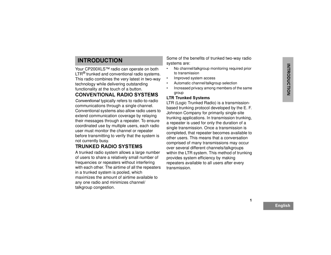 Motorola CP200XLS manual Introduction, Conventional Radio Systems, Trunked Radio Systems, LTR Trunked Systems 