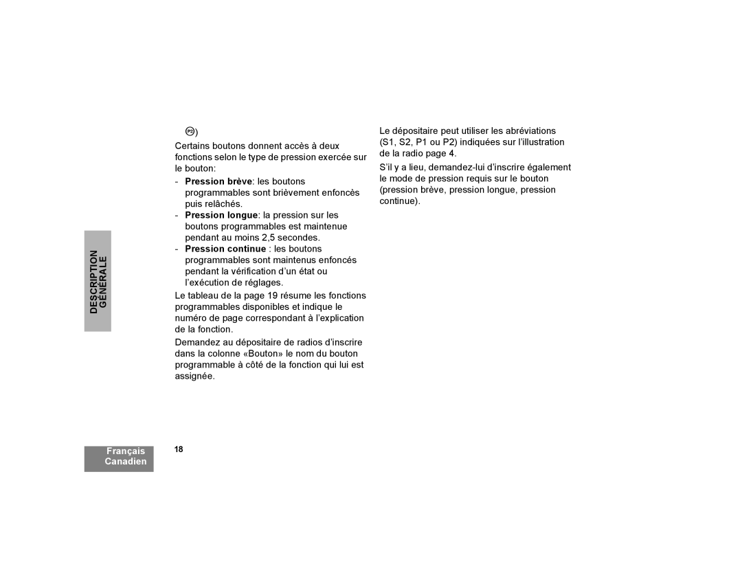 Motorola CP200XLS manual Français 18 Canadien 