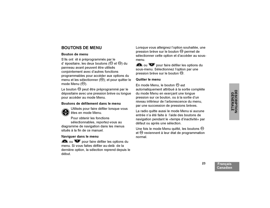 Motorola CP200XLS manual Boutons DE Menu, Bouton de menu, Boutons de défilement dans le menu, Naviguer dans le menu 