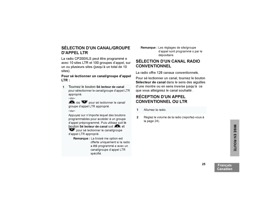 Motorola CP200XLS manual Sélection D’UN CANAL/GROUPE D’APPEL LTR, Sélection D’UN Canal Radio Conventionnel 