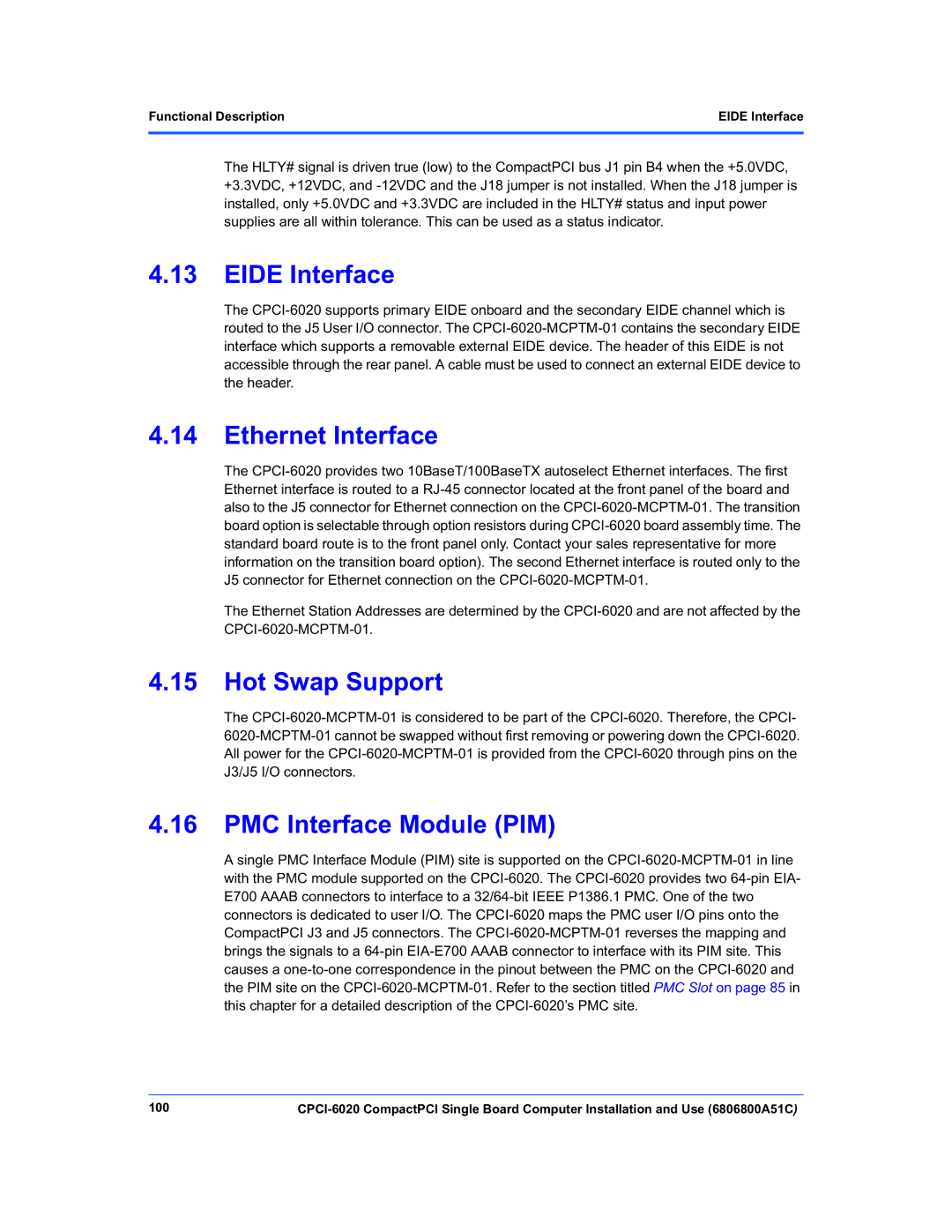Motorola CPCI-6020 manual Ethernet Interface, PMC Interface Module PIM, Functional Description Eide Interface, 100 