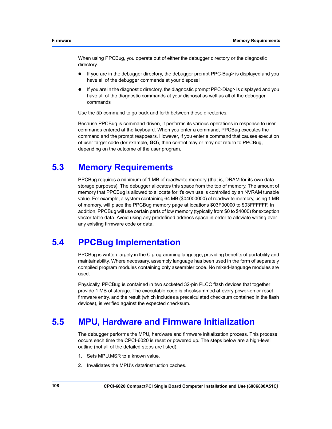 Motorola CPCI-6020 manual Memory Requirements, PPCBug Implementation, MPU, Hardware and Firmware Initialization, 108 