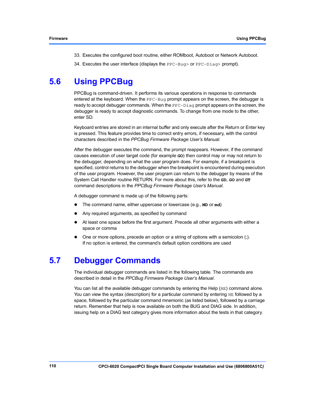 Motorola CPCI-6020 manual Debugger Commands, Firmware Using PPCBug, 110 