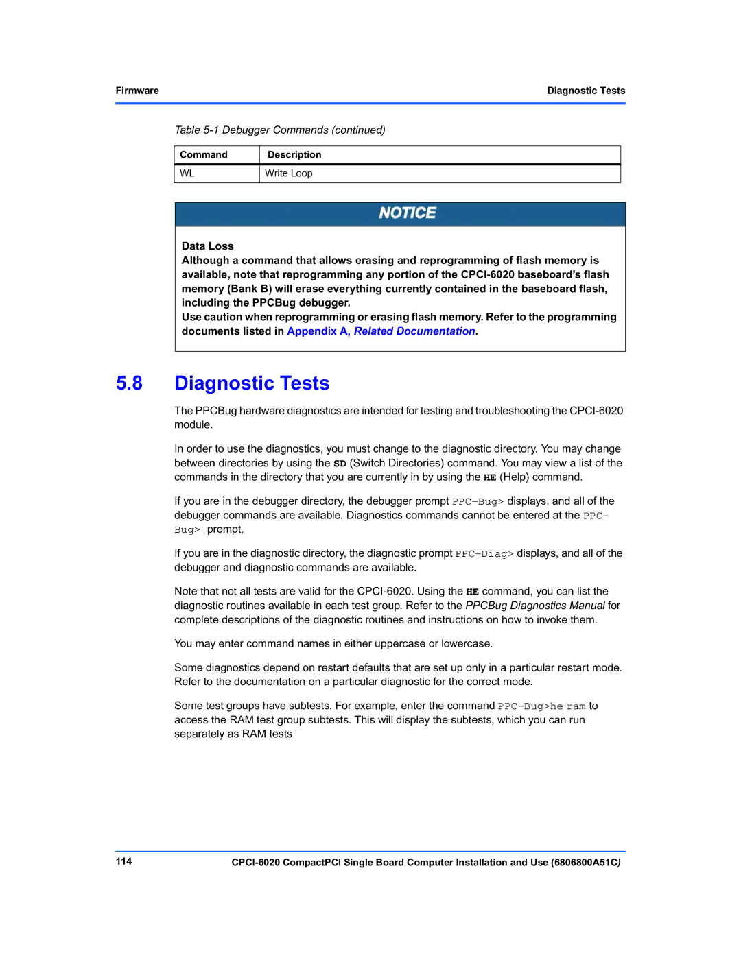 Motorola CPCI-6020 manual FirmwareDiagnostic Tests, Command Description Write Loop, 114 