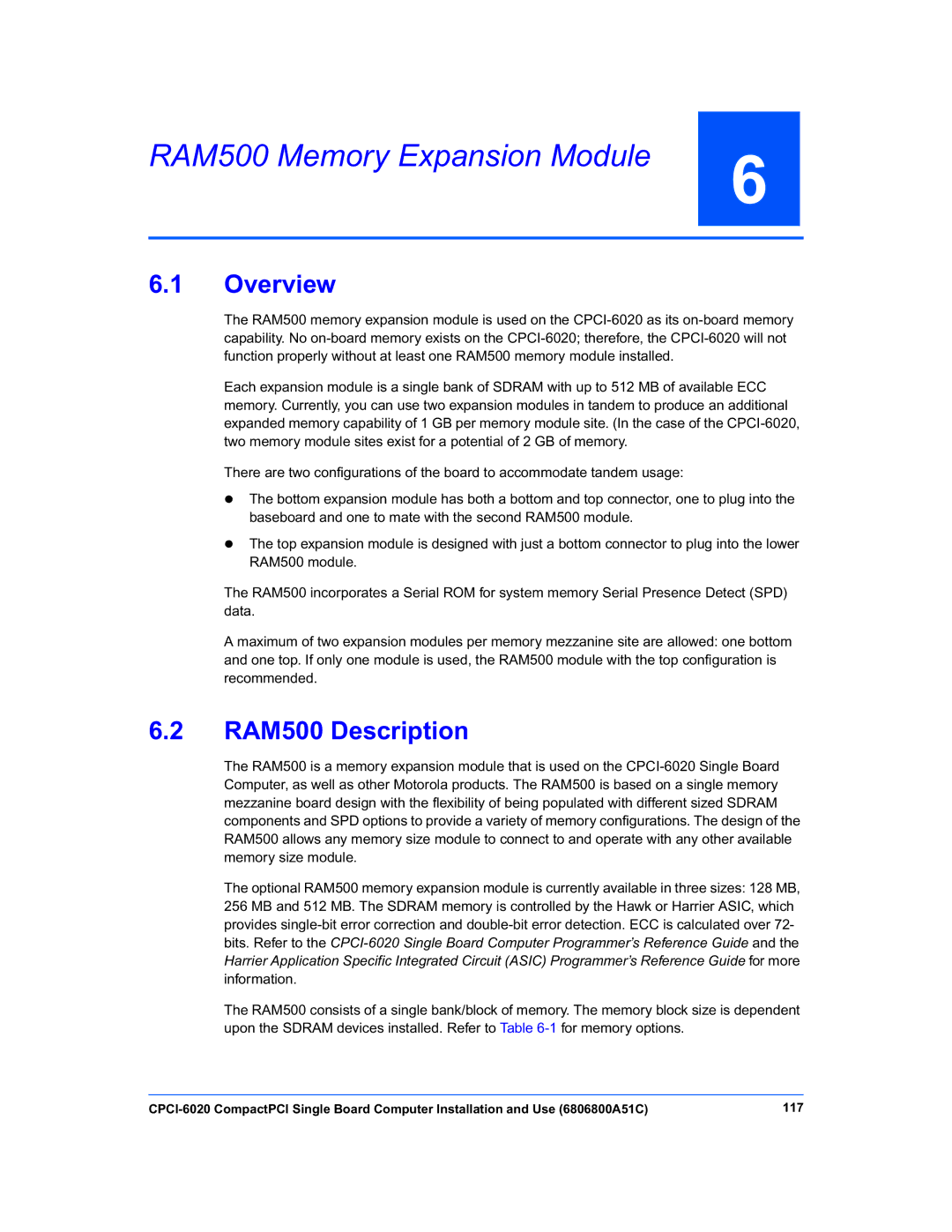 Motorola CPCI-6020 manual RAM500 Memory Expansion Module, RAM500 Description 