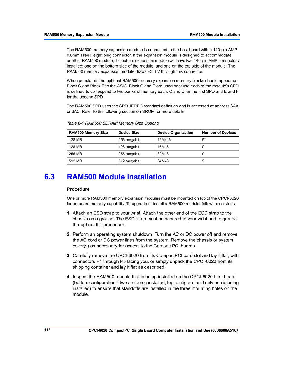 Motorola CPCI-6020 manual RAM500 Module Installation, RAM500 Sdram Memory Size Options, RAM500 Memory Expansion Module, 118 