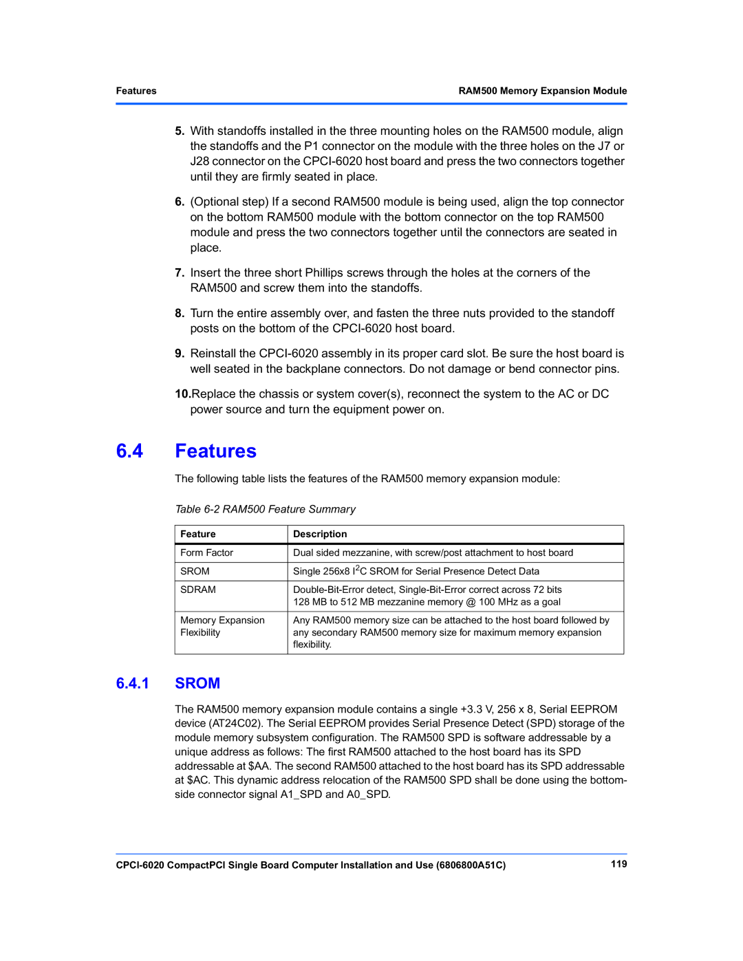 Motorola CPCI-6020 manual Srom, RAM500 Feature Summary, Features 