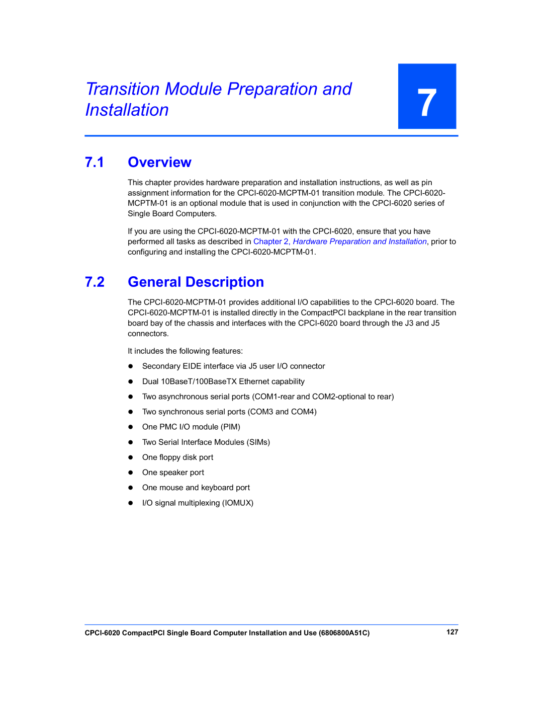 Motorola CPCI-6020 manual Transition Module Preparation and Installation, General Description 