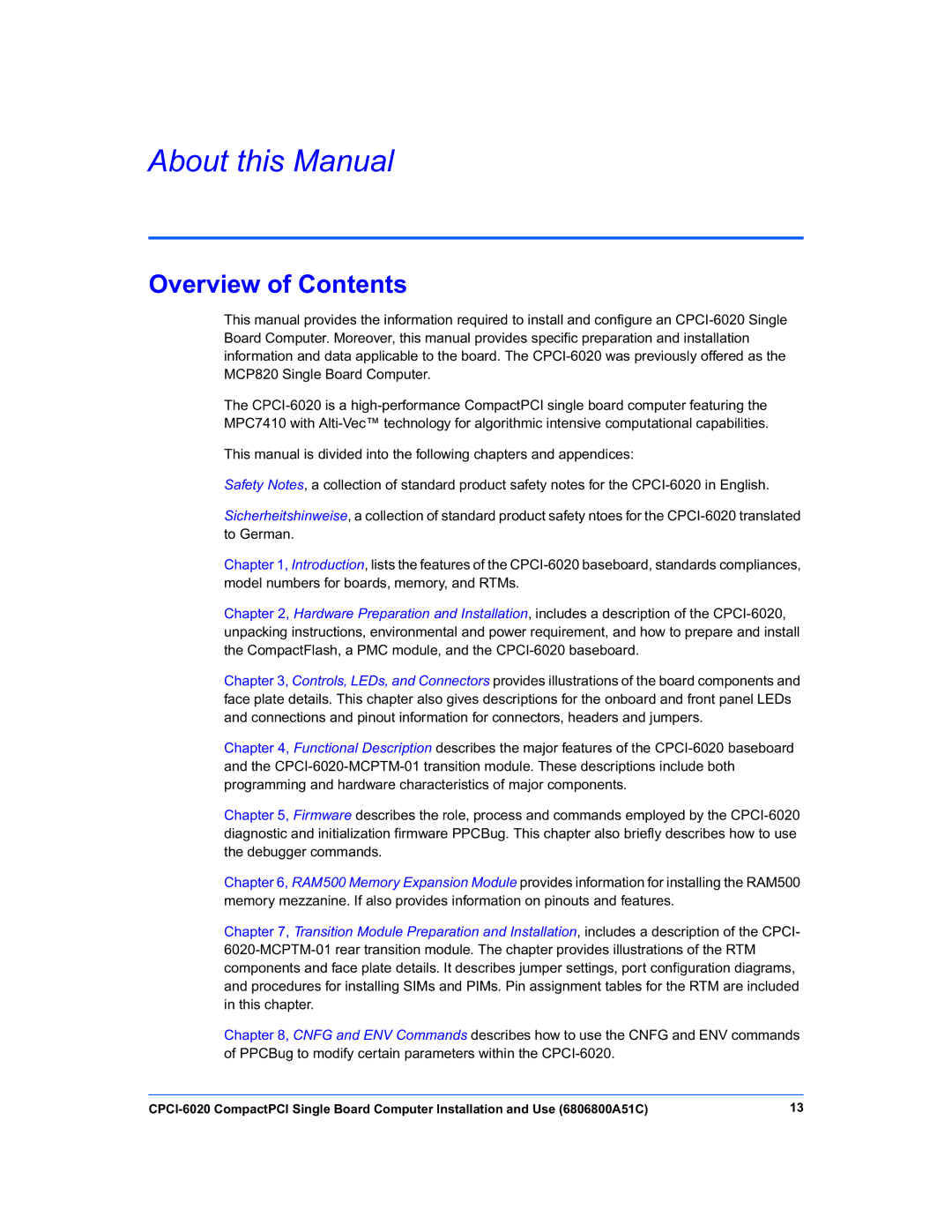 Motorola CPCI-6020 manual About this Manual, Overview of Contents 