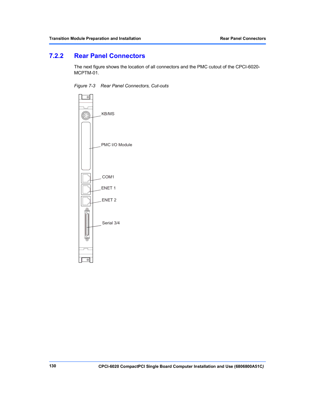 Motorola CPCI-6020 manual Rear Panel Connectors, 130 