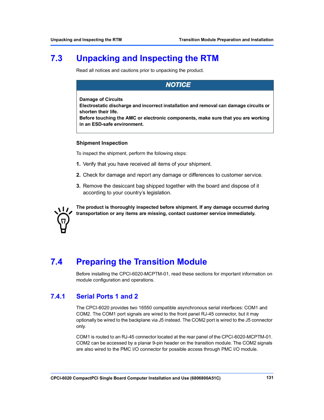 Motorola CPCI-6020 manual Unpacking and Inspecting the RTM, Preparing the Transition Module, Serial Ports 1 