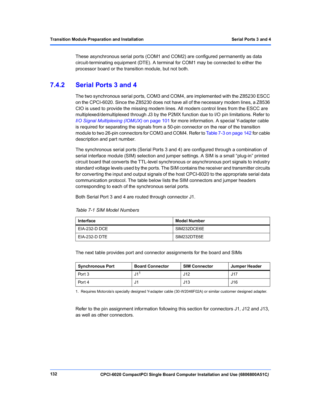 Motorola CPCI-6020 manual Serial Ports 3, SIM Model Numbers, Interface, 132 