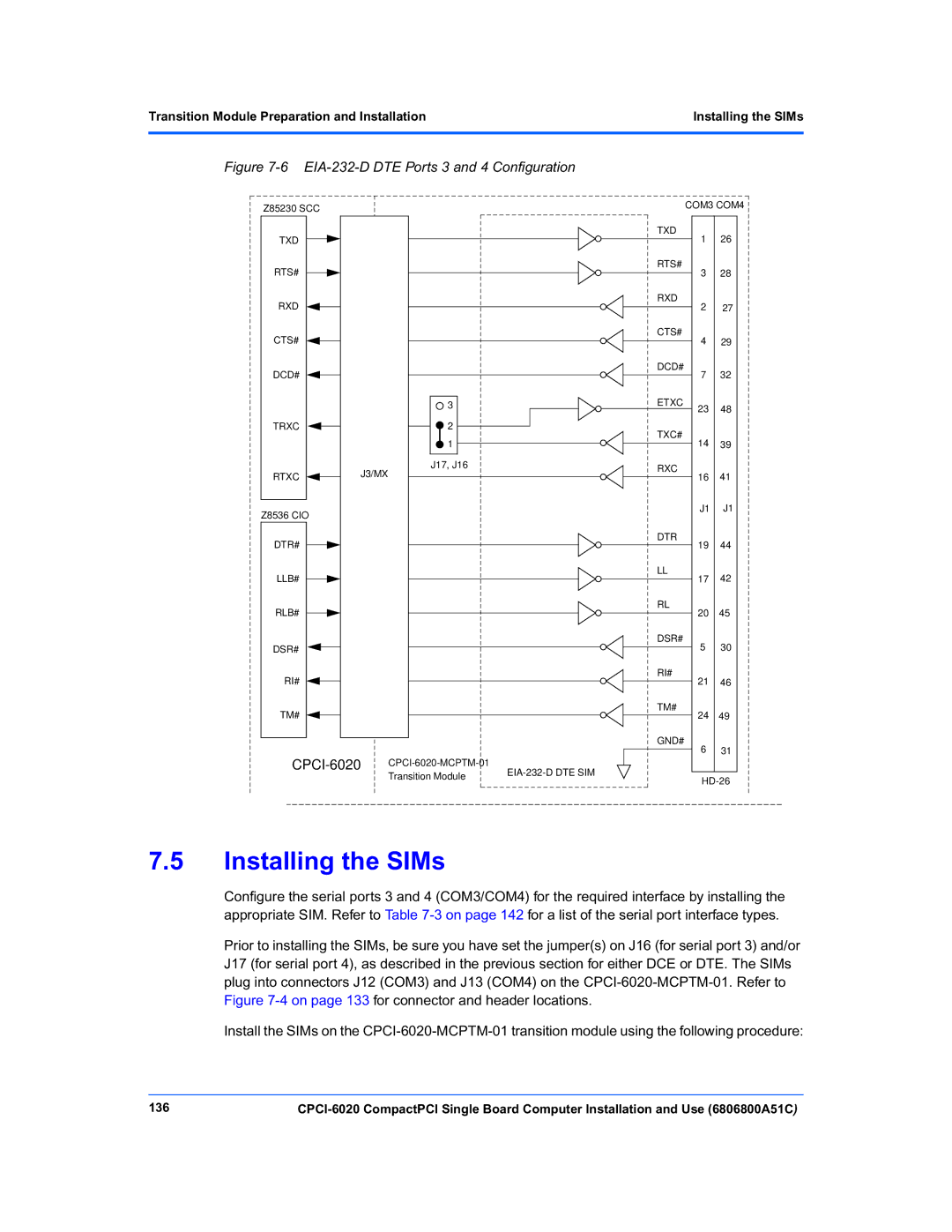 Motorola CPCI-6020 manual Installing the SIMs, 136 