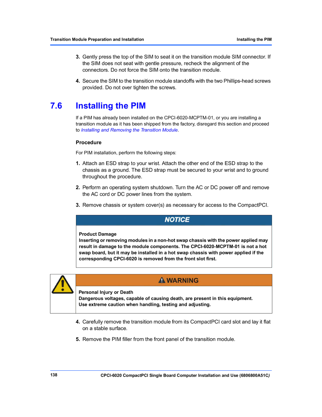 Motorola CPCI-6020 manual Installing the PIM, 138 