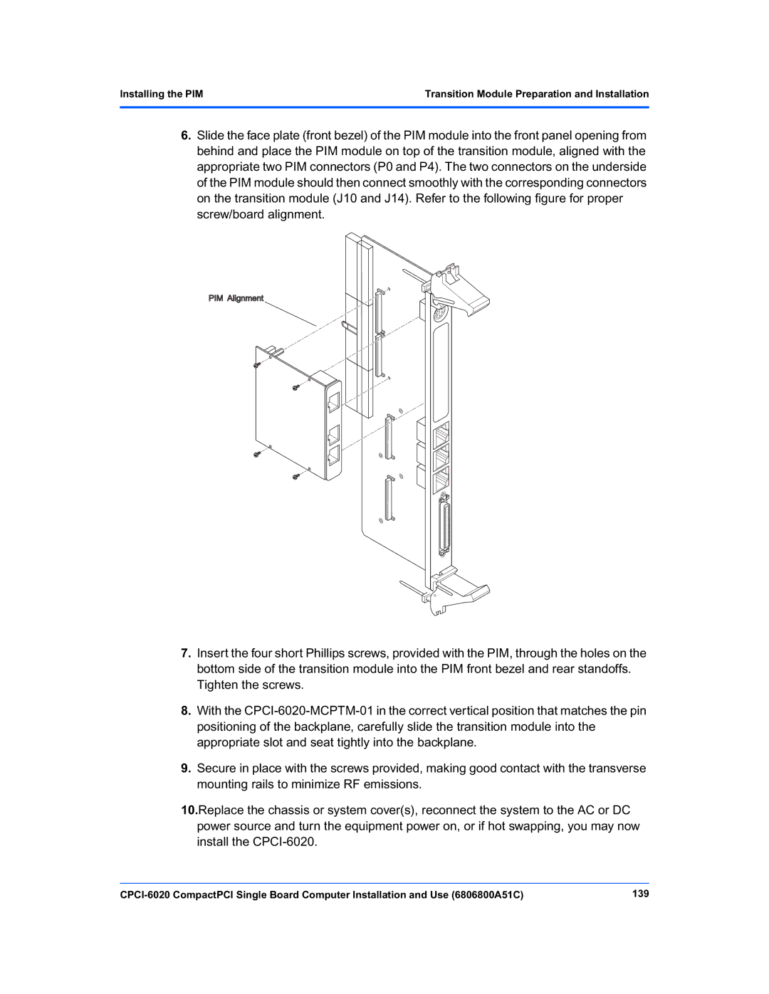 Motorola CPCI-6020 manual Installing the PIM 