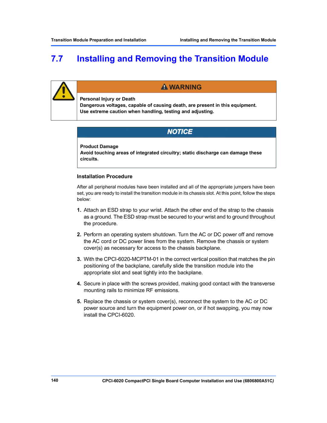 Motorola CPCI-6020 manual Installing and Removing the Transition Module, 140 