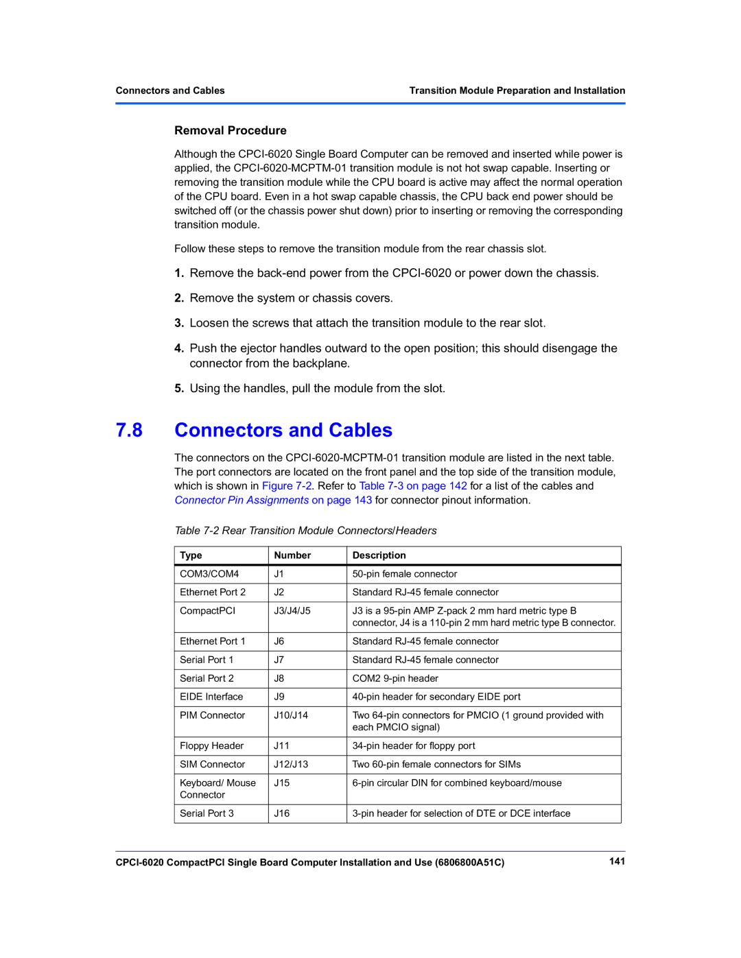 Motorola CPCI-6020 Connectors and Cables, Rear Transition Module Connectors/Headers, Type Number Description, COM3/COM4 