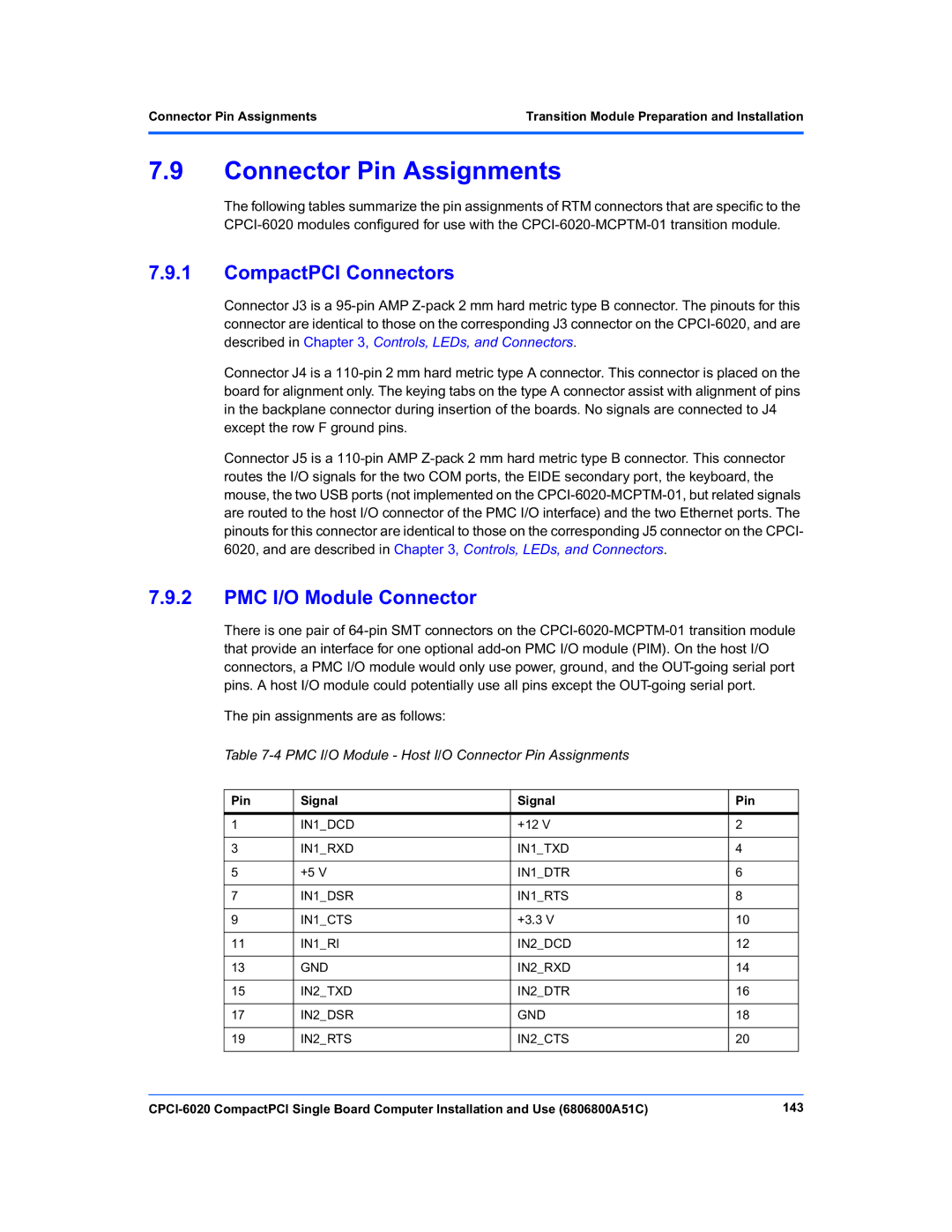 Motorola CPCI-6020 CompactPCI Connectors, PMC I/O Module Connector, PMC I/O Module Host I/O Connector Pin Assignments 