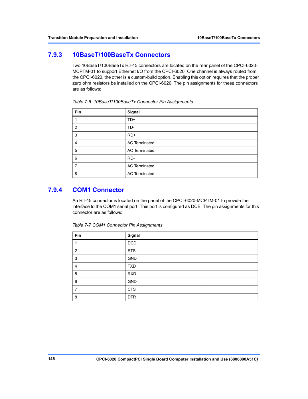 Motorola CPCI-6020 3 10BaseT/100BaseTx Connectors, 4 COM1 Connector, 10BaseT/100BaseTx Connector Pin Assignments, 146 