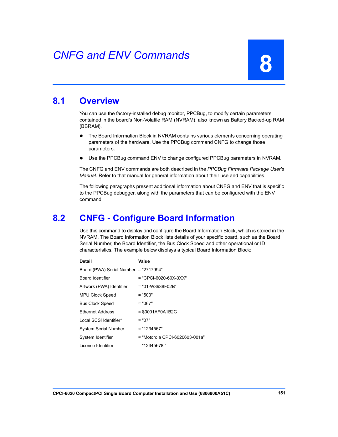 Motorola CPCI-6020 manual Cnfg and ENV Commands, Cnfg Configure Board Information, Detail Value 