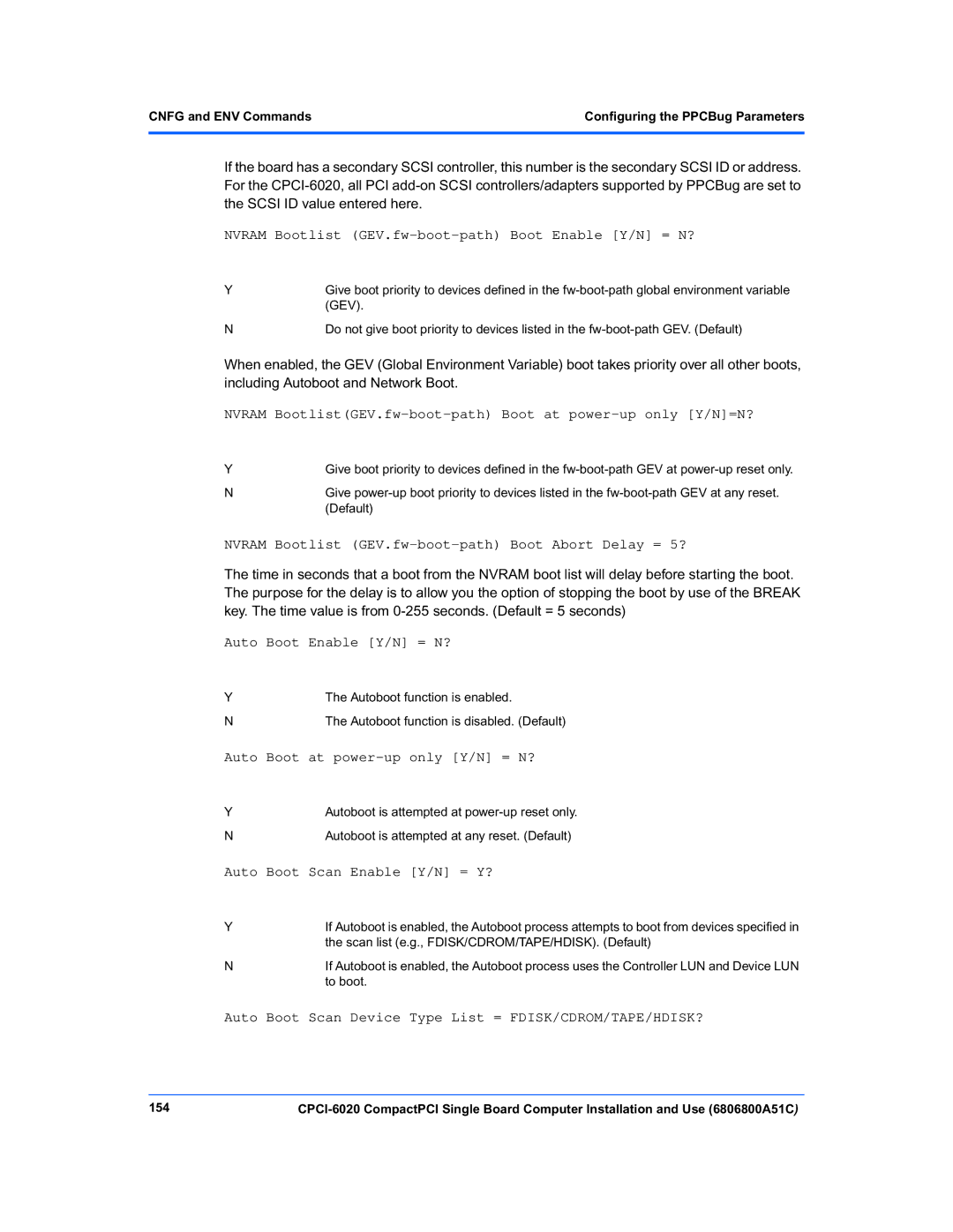 Motorola CPCI-6020 manual Nvram Bootlist GEV.fw-boot-path Boot Enable Y/N = N?, 154 