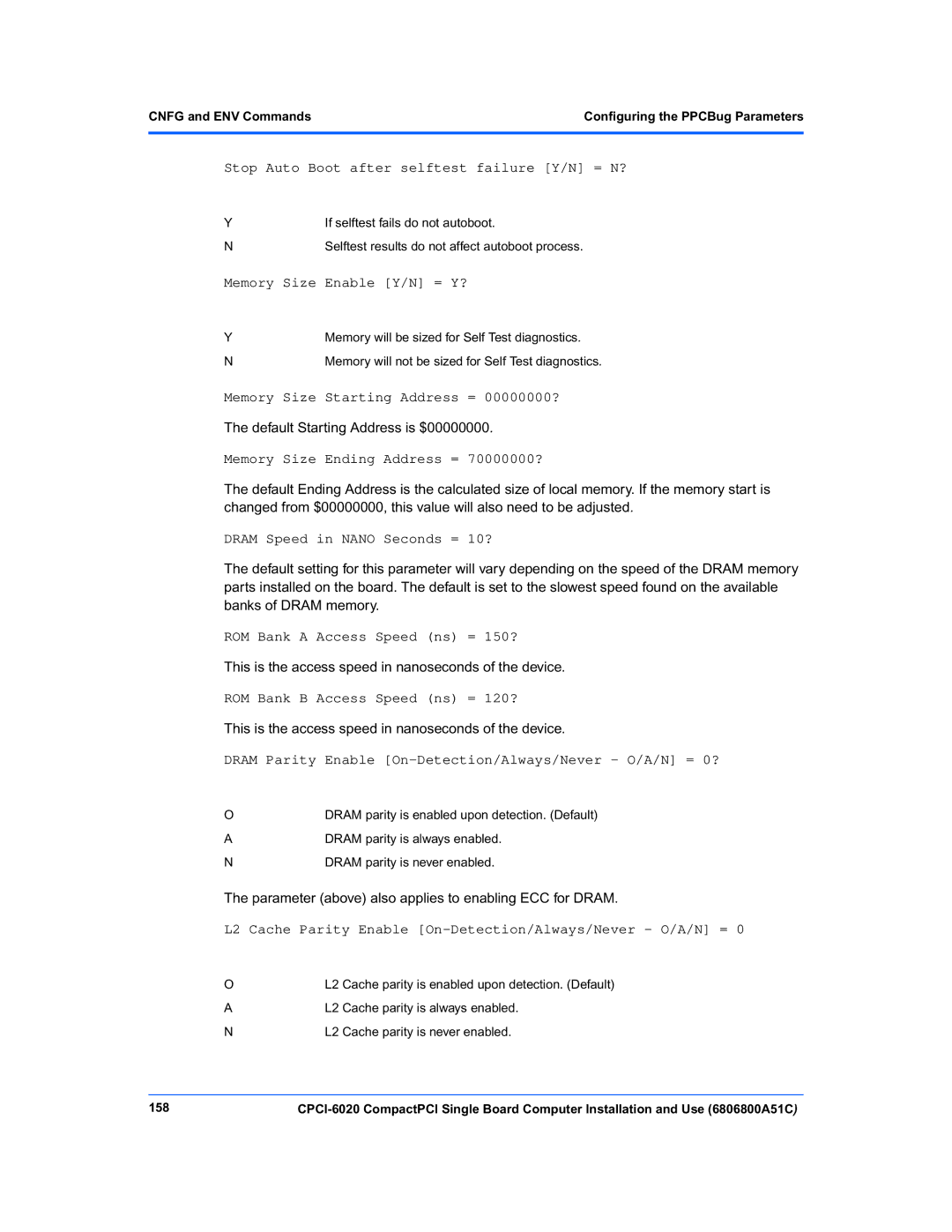 Motorola CPCI-6020 manual Memory Size Enable Y/N = Y?, 158 