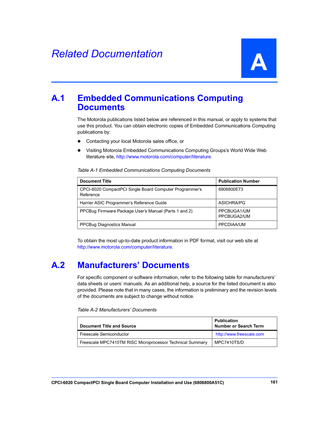 Motorola CPCI-6020 manual Related Documentation, Embedded Communications Computing Documents, Manufacturers’ Documents 